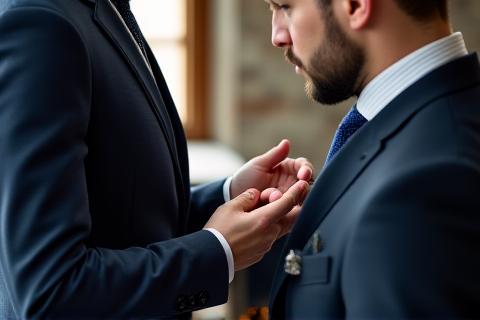 テーラーが顧客のジャケットサイズを慎重に測る様子