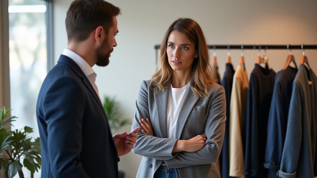 プロのスタイリストが男性クライアントに洋服の組み合わせをアドバイスしている様子